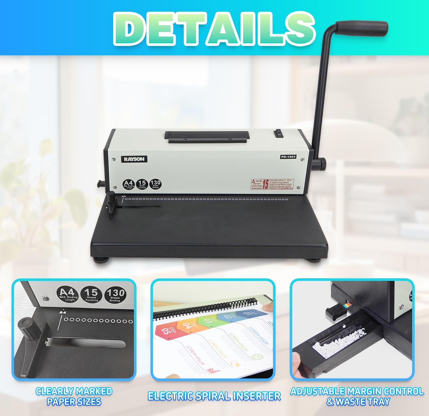 Rayson PD-1501 Electric Coil Binding Machine with Automatic Coil Inserter - Professional 4:1 Pitch Spiral Binder for Presentations, Documents & Reports (46 Round Holes) - Perfect for Office, School & Bookbinding Projects