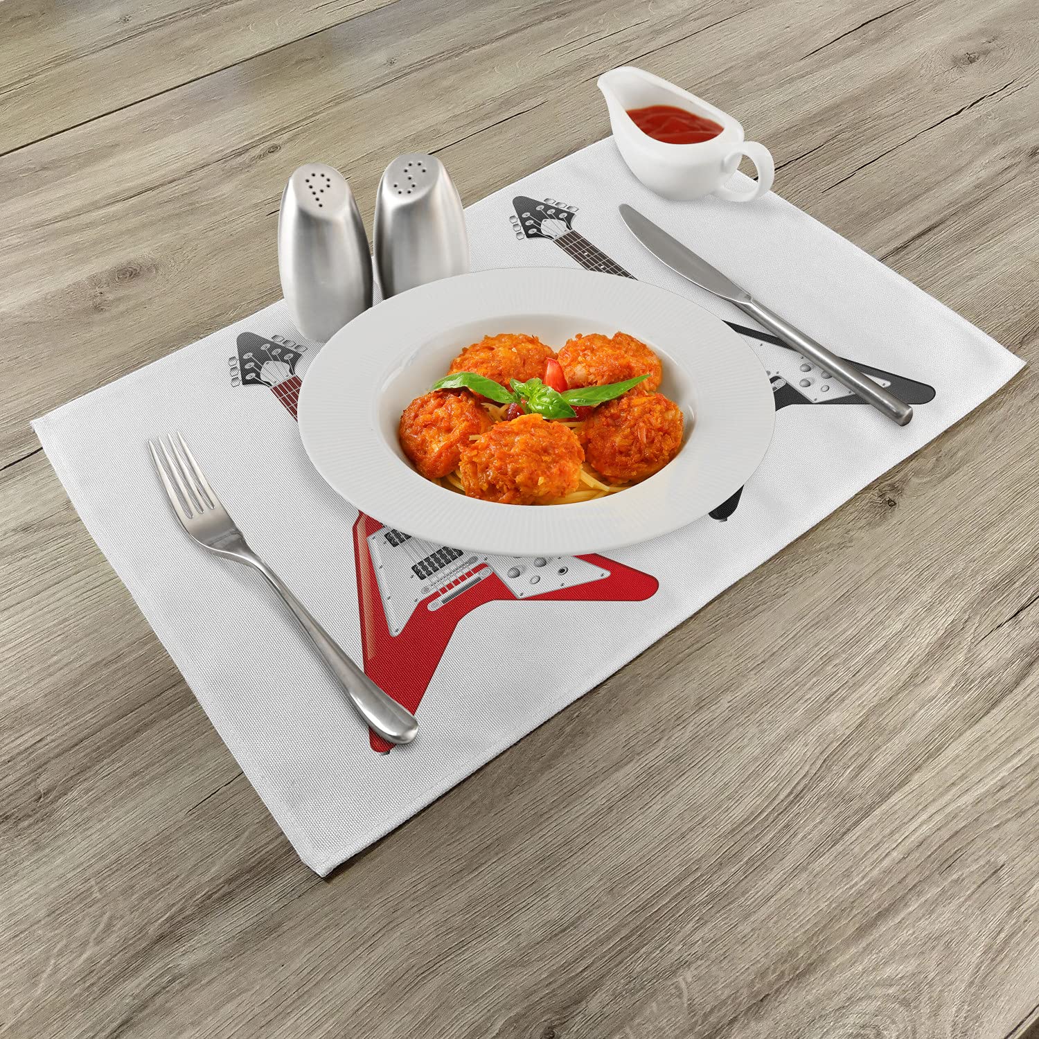 Ambesonne Guitar Themed Place Mats Set of 4 - Washable Fabric Table Mats with V-Shaped Musical Instrument Design for Dining Room & Kitchen Decor | Perfect for Music Lovers, Rock & Roll Parties, and Themed Dinners