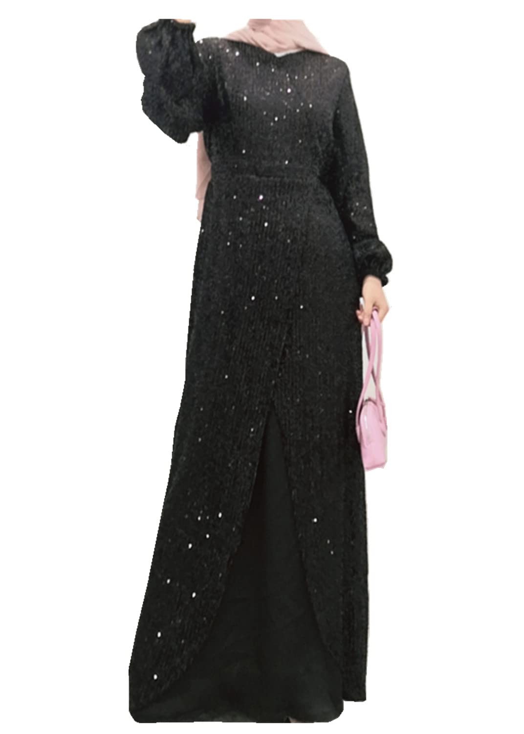 Elegant Muslim Women's Long Dress with Sequin Long Sleeve - Dubai Kaftan Abaya for Prayer, Wedding & Special Occasions