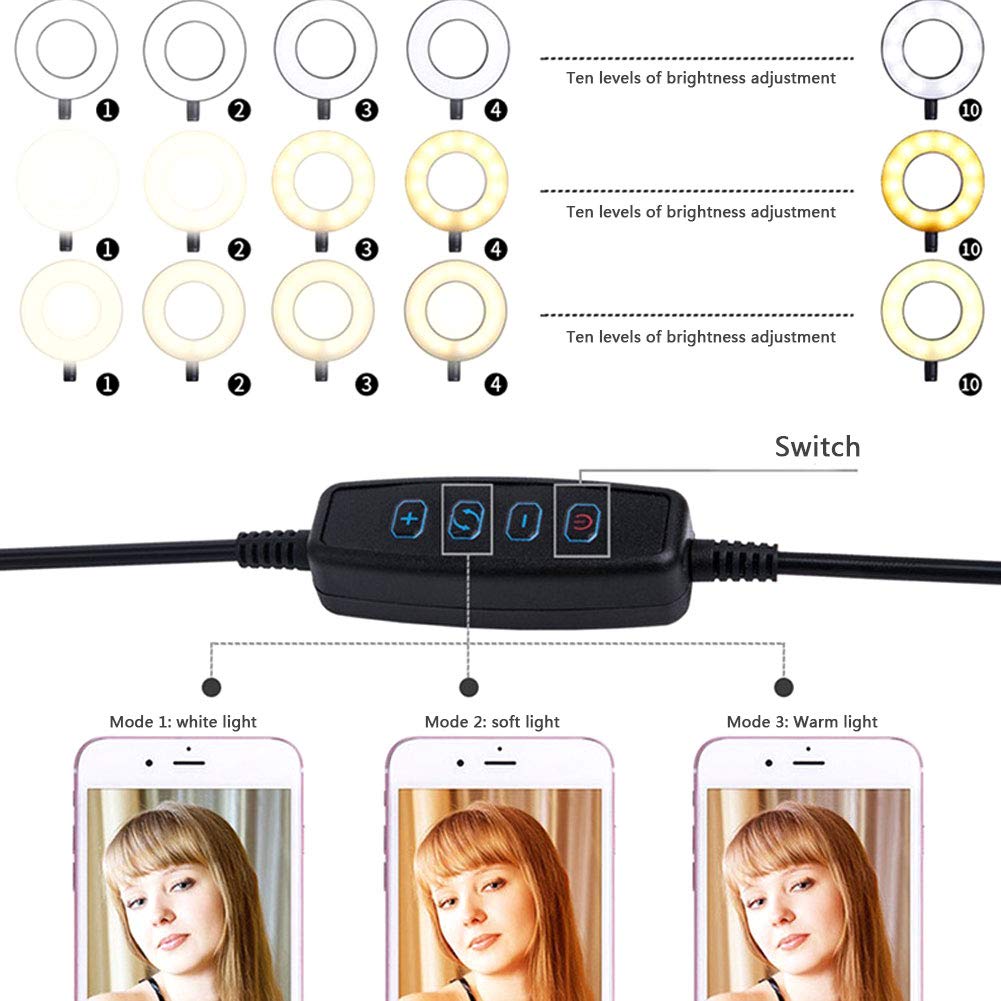 Universal Desktop Selfie Ring Light with Flexible Phone Holder & Adjustable Stand - LED Beauty Light for Live Streaming, Video Calls, YouTube Videos & Makeup (Black)
