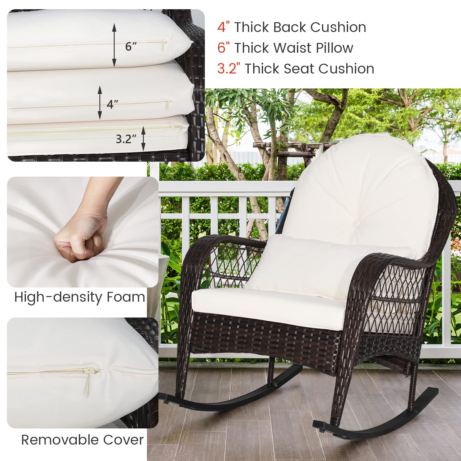 MEDIMALL Outdoor Wicker Rocking Chair with Lumbar Support - Patio Rattan Rocker with Padded Seat & Back Cushions - Durable Metal Frame - Mix Brown Wicker Furniture for Balcony, Porch, Deck, Backyard (Off White) - Perfect for Relaxing, Reading & Enjoying Outdoor Spaces