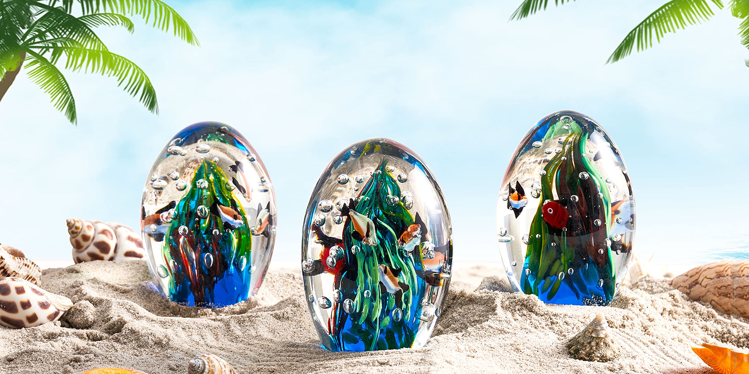 EUSTUMA Hand Blown Glass Underwater World Paperweight - Unique Office Desk Decor, Aquarium Ornament for Ocean Lovers - Perfect Gift for Home, Office & Marine Theme Decorations