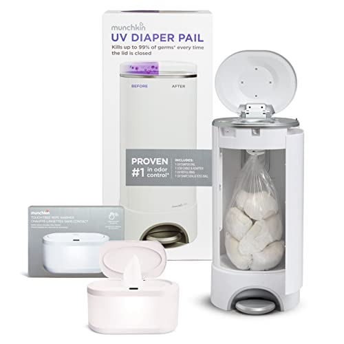 Munchkin UV Diaper Pail & Touch-Free Baby Wipe Warmer Set - Odor Control & Hygienic Wipes for Nursery, Changing Table & Diaper Bag - Perfect for Newborns & Toddlers