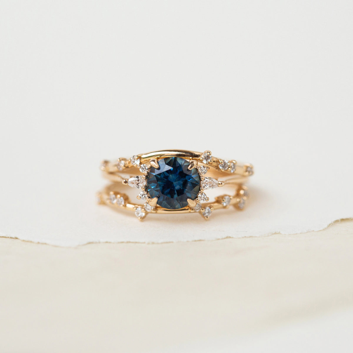 14K Yellow Gold Round Blue Sapphire Ring - Unique Midnight Blue Moon Design | Perfect for Engagement, Wedding & Special Occasions