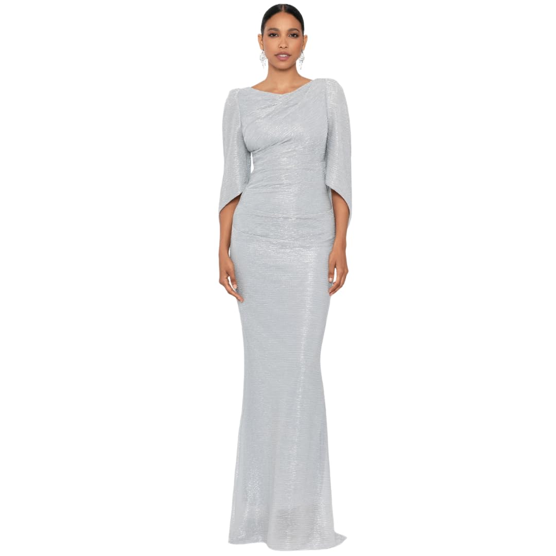 Betsy & Adam Women's Metallic Crinkle Cape Sleeve Long Formal Evening Gown - Perfect for Prom, Black Tie Events & Holiday Parties
