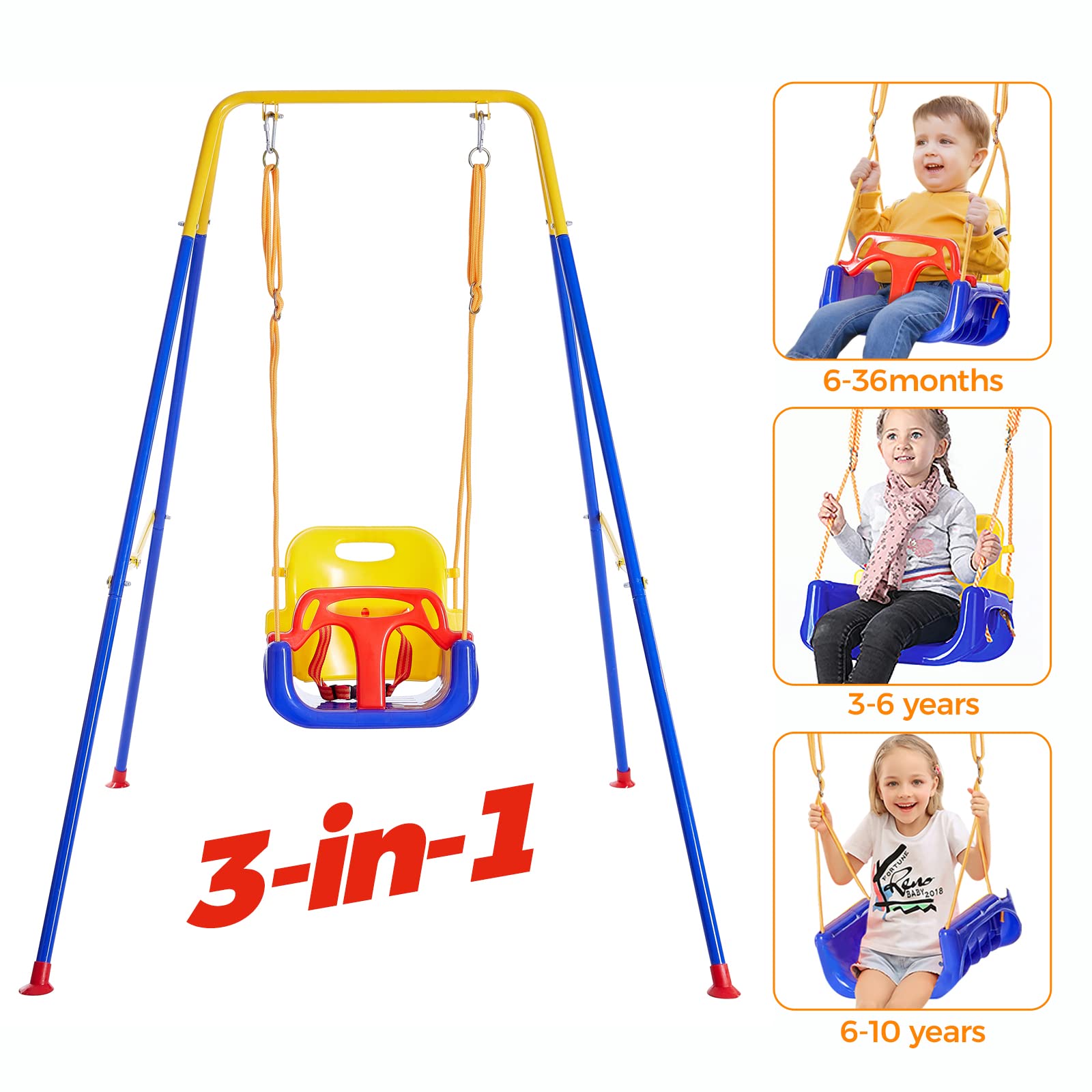 **FUNLIO 3-in-1 Toddler Swing Set with 4 Sandbags – Indoor/Outdoor Baby Swing with Foldable Metal Stand – Kids Backyard Swing Set – Easy Assembly & Storage – Perfect for Playgrounds, Parks & Home Use**