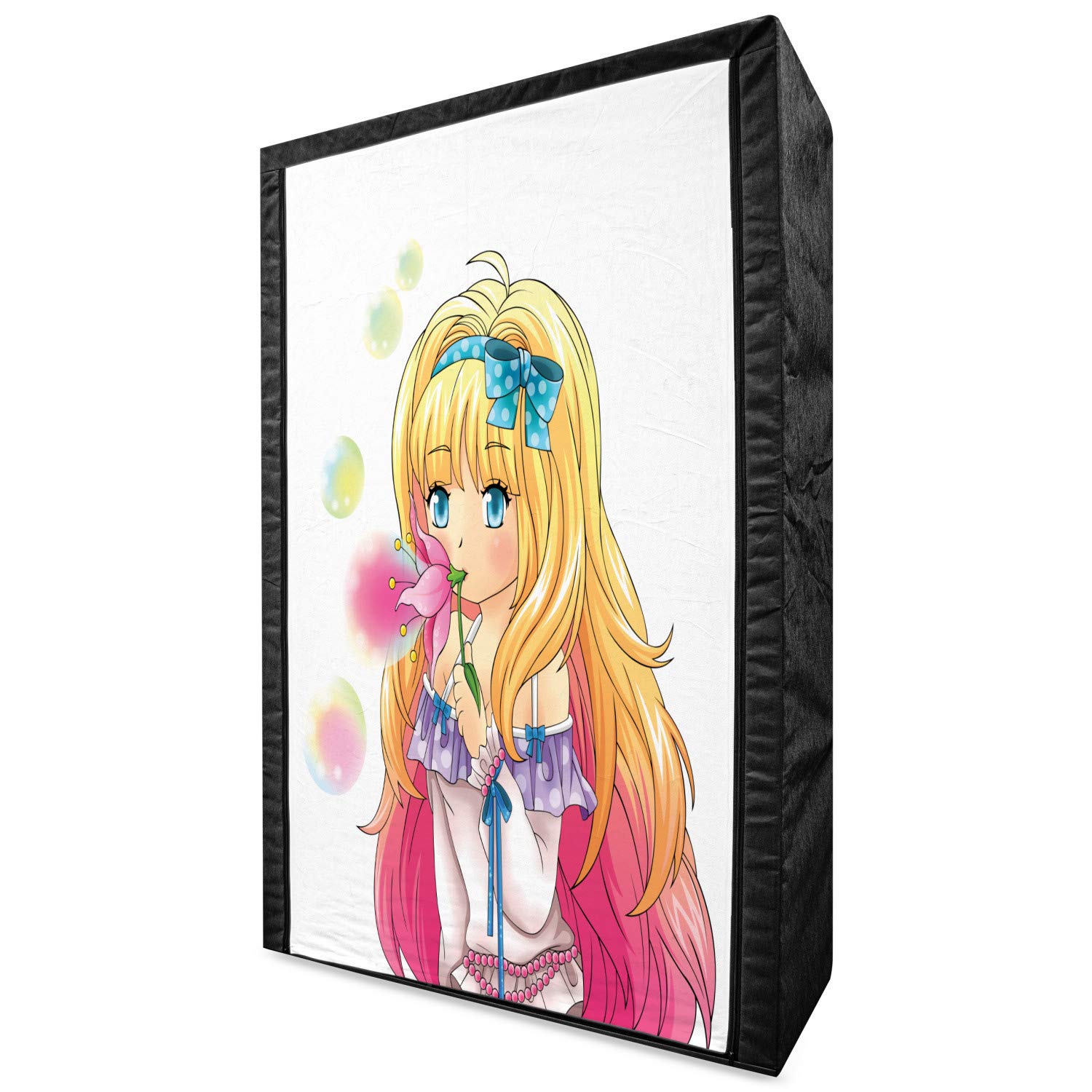 Ambesonne Anime Portable Fabric Wardrobe - Manga Girl Blowing Bubbles Japanese Cartoon Art Print Clothing Organizer with Shelves, 42.5 Inch Pink & Yellow - Perfect for Bedroom, Dorm, Kids Room & Small Space Storage