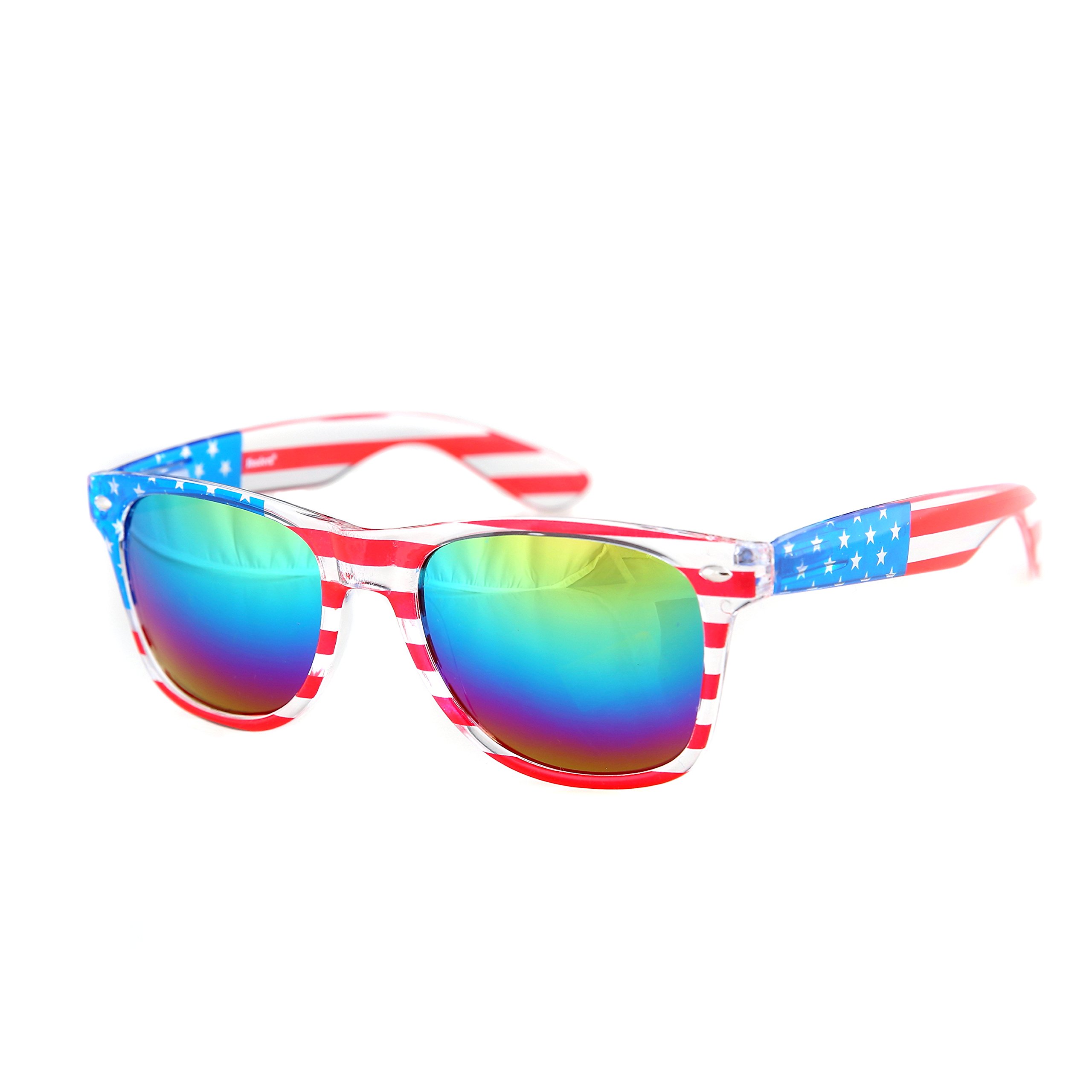 USA Flag Sunglasses - Patriotic American Flag Design with Clear Frame - 80s Retro Style for 4th of July, Beach Parties & Summer Festivals