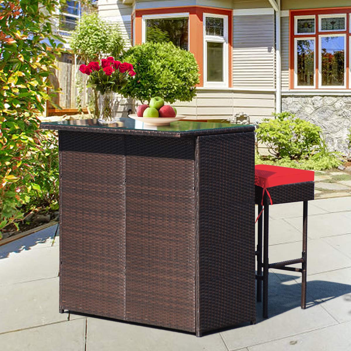 HappyGrill 3-Piece Outdoor Bar Set - Rattan Wicker Bar Stools & Table with Weather-Resistant Cushions & Tempered Glass Top - Perfect for Poolside, Garden, Patio Dining & Entertaining with Convenient Storage Shelves