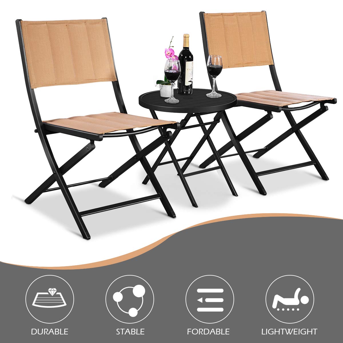 Giantex 3-Piece Patio Folding Table and Chairs Set, Outdoor Bistro Garden Furniture with Steel Frame - Perfect for Backyard, Deck, Balcony, and Poolside Relaxation
