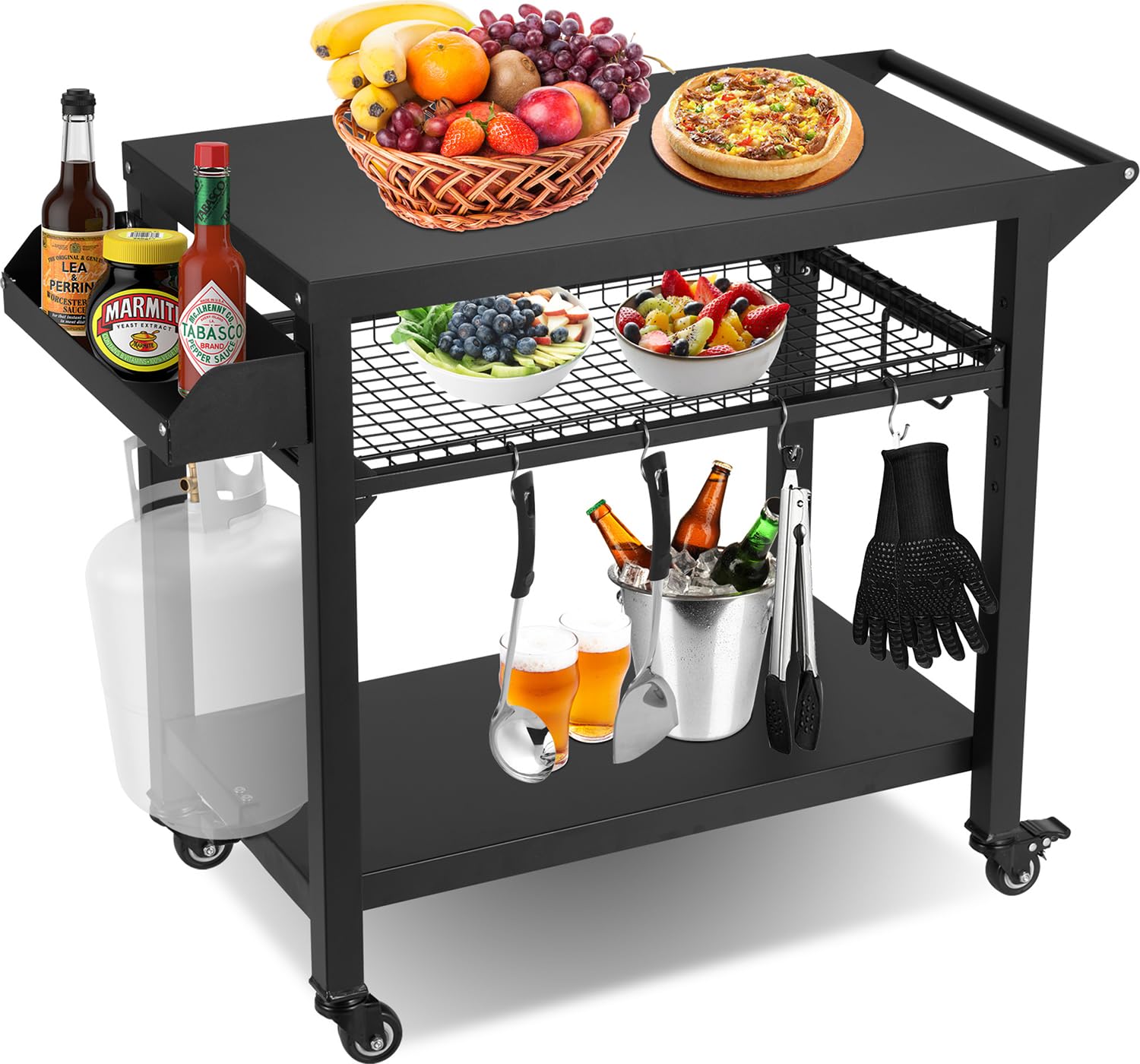 Spurgehom Grill Cart with Wheels - Outdoor Pizza Oven Stand & BBQ Prep Table | Portable Kitchen Cart with Mesh Racks for Patio, Backyard, Camping & Home Parties | Perfect for Outdoor Cooking, Dining & Entertaining