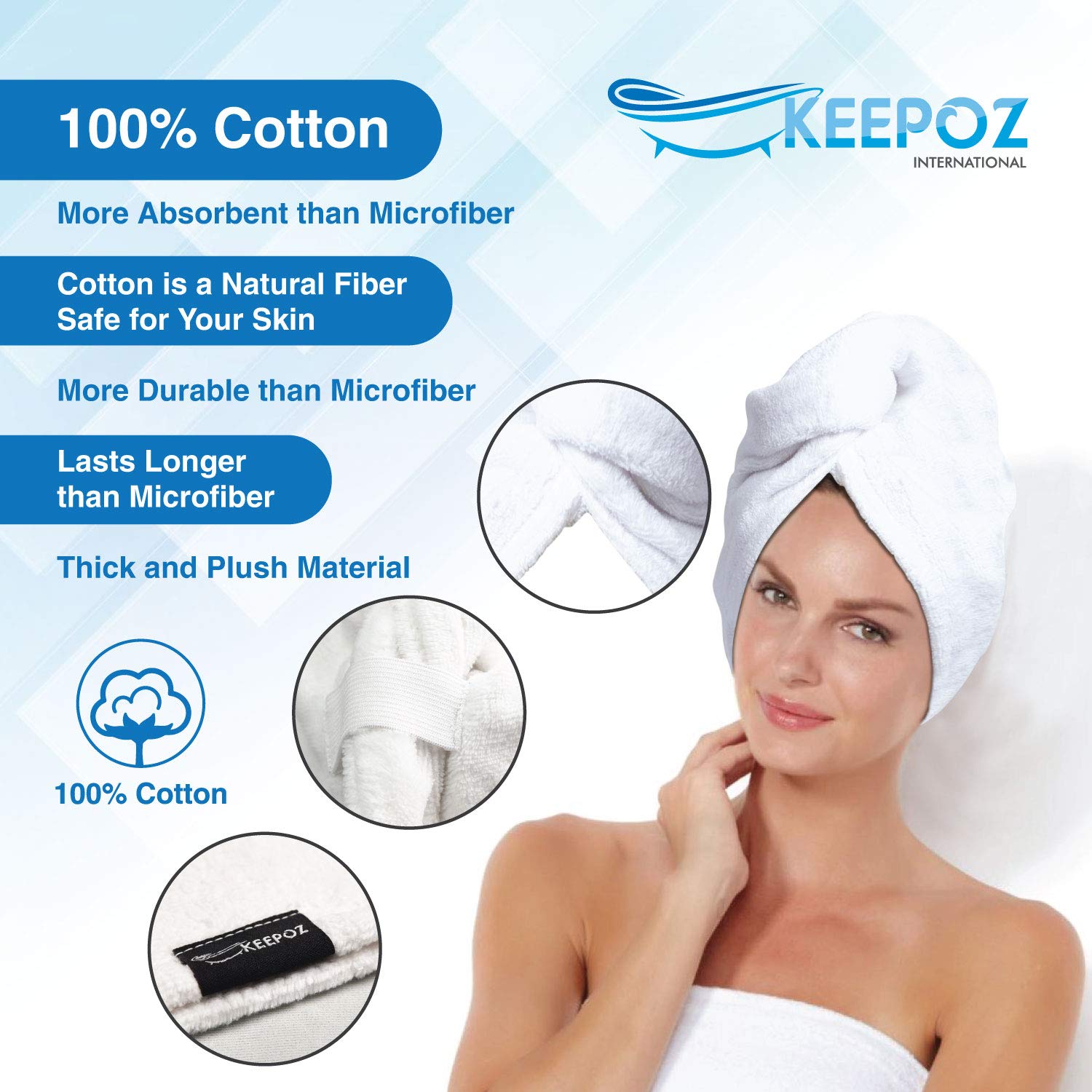KEEPOZ 100% Cotton Hair Towel Wrap for Women - Quick Dry, Super Absorbent Hair Turban with Button - Anti Frizz Hair Cap for Curly, Long & Thick Hair - Soft & Gentle (White, 1 Piece) - Perfect for Shower, Spa & Post-Workout Hair Care