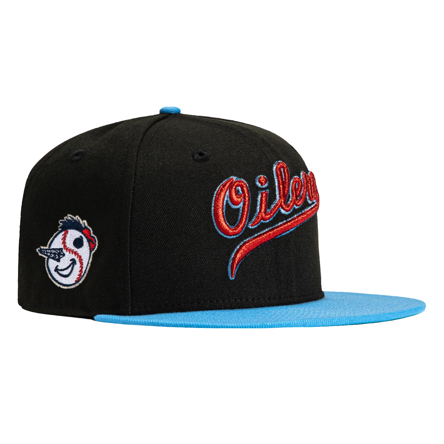 New Era 59Fifty MLB Baseball Cap - Tulsa Drillers Oilers Logo Patch Script Snapback Hat in Black & Light Blue | Adjustable Fit for Men & Women | Perfect for Baseball Games, Streetwear & Casual Outfits