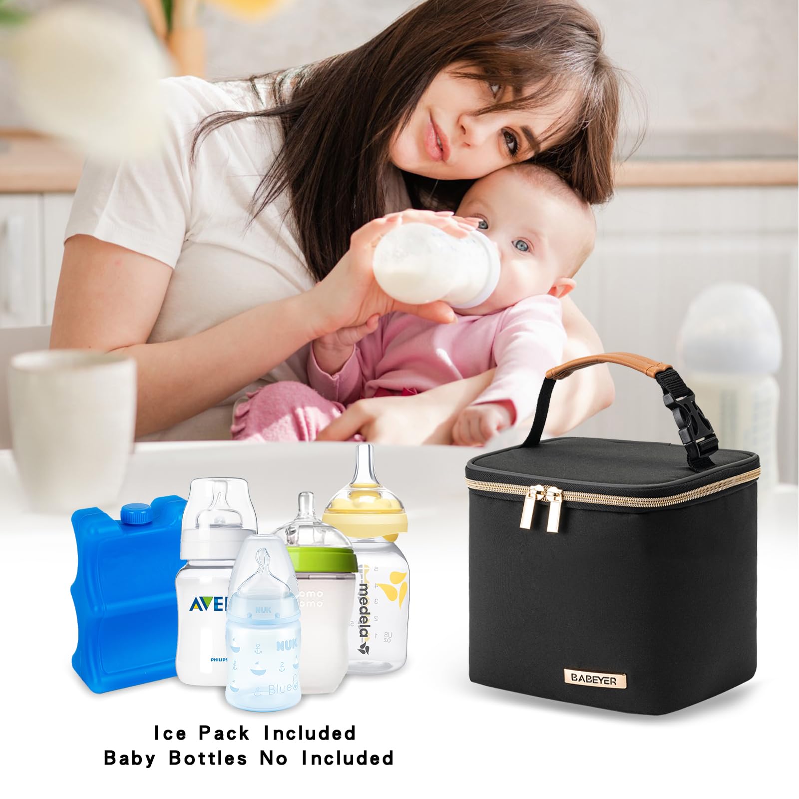 Insulated Bottle Cooler Bag with Ice Pack - Fits 4 Large 5oz Baby Bottles, Perfect for Nursing Moms & Daycare - Black | Ideal for Breastmilk Storage, Baby Formula Transport & On-the-Go Temperature Control