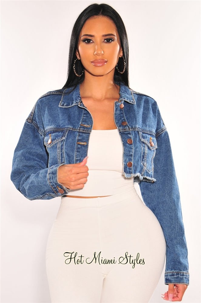 Blue Denim Long Sleeve Destroyed Back Cropped Jacket for Women - Vintage Distressed Denim Jacket with Ripped Details - Perfect for Casual Outfits, Streetwear & Fall Layering