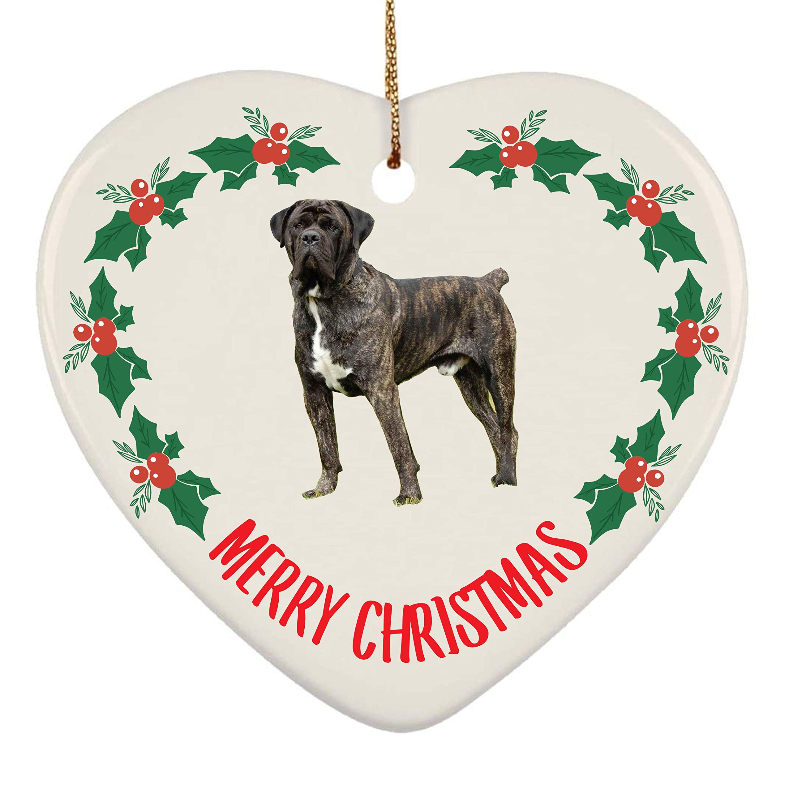 2024 Christmas Tree Ornaments - English Mastiff Brindle Ceramic Heart Decorations for 2025 New Year | Perfect for Holiday Gifts, Pet Lover Presents & Festive Home Decor
