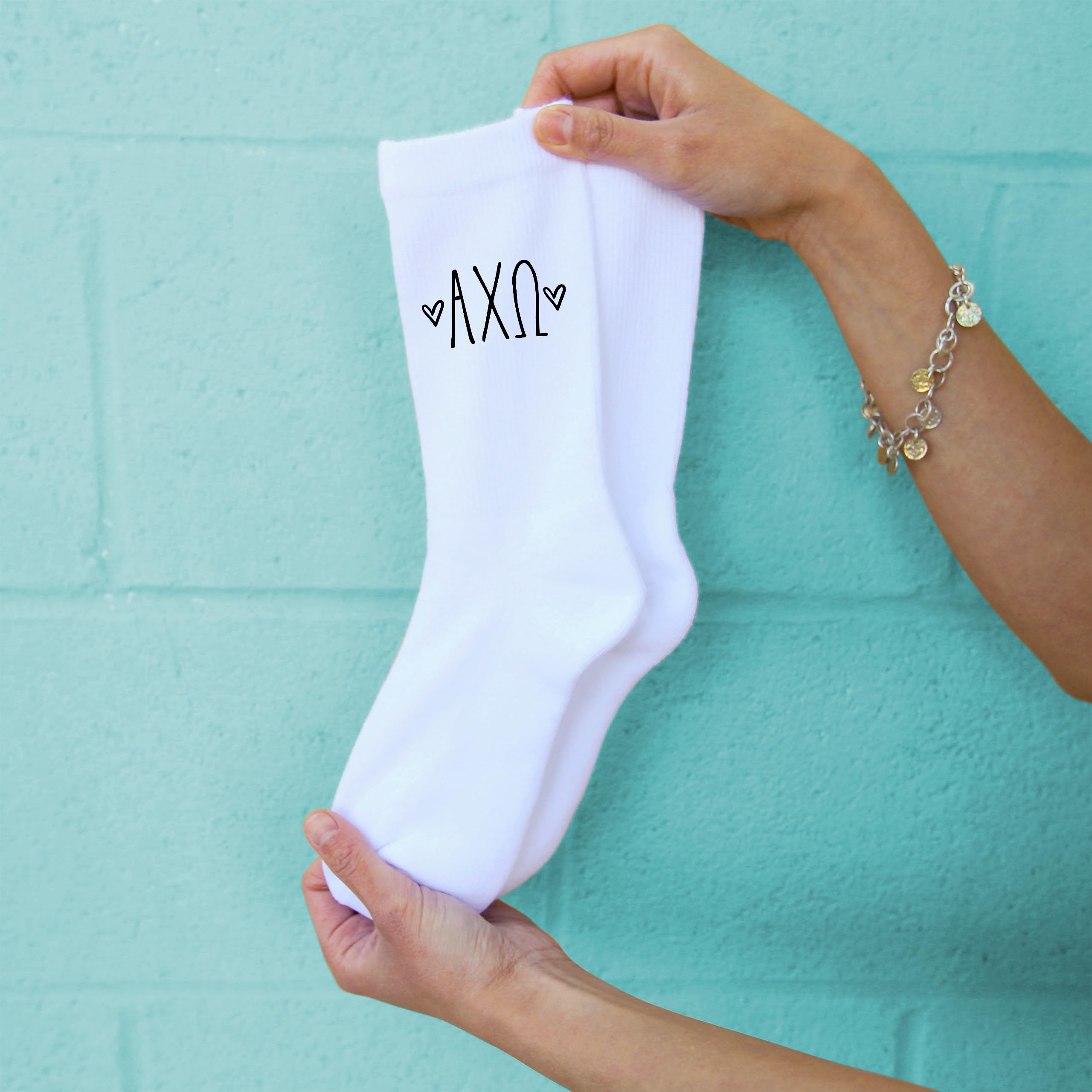 Alpha Chi Omega Sorority Greek Letter Crew Socks with Hearts - White, Pink & Heather Gray - Comfortable Cotton Socks for Sorority Sisters, College Students & Greek Life Events