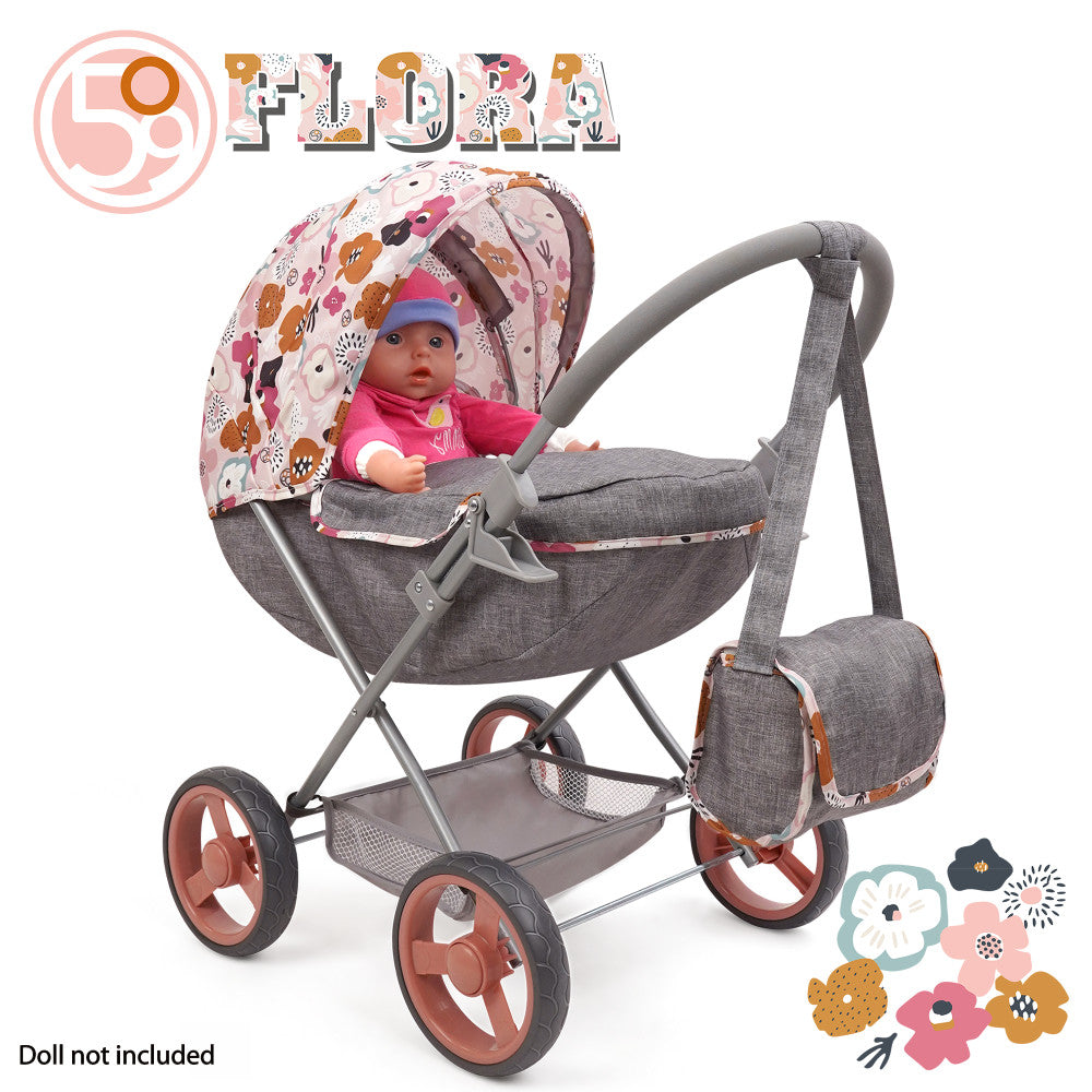 509 Crew Melange Flora Deluxe Doll Stroller with Matching Shoulder Bag - Perfect for Pretend Play, Tea Parties & Outdoor Adventures
