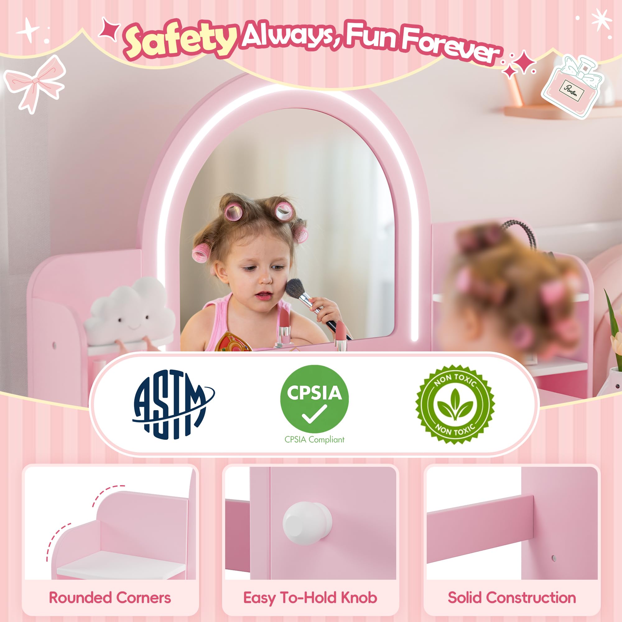MU Kids Vanity with Lights - Princess Makeup Vanity Desk with Open Bookshelf, Storage Cabinet & Shelves | 2-in-1 Toddler Vanity Table & Chair Set with LED Mirror for Little Girls (Pink) | Perfect for Bedroom Decor, Birthday Gifts & Pretend Play