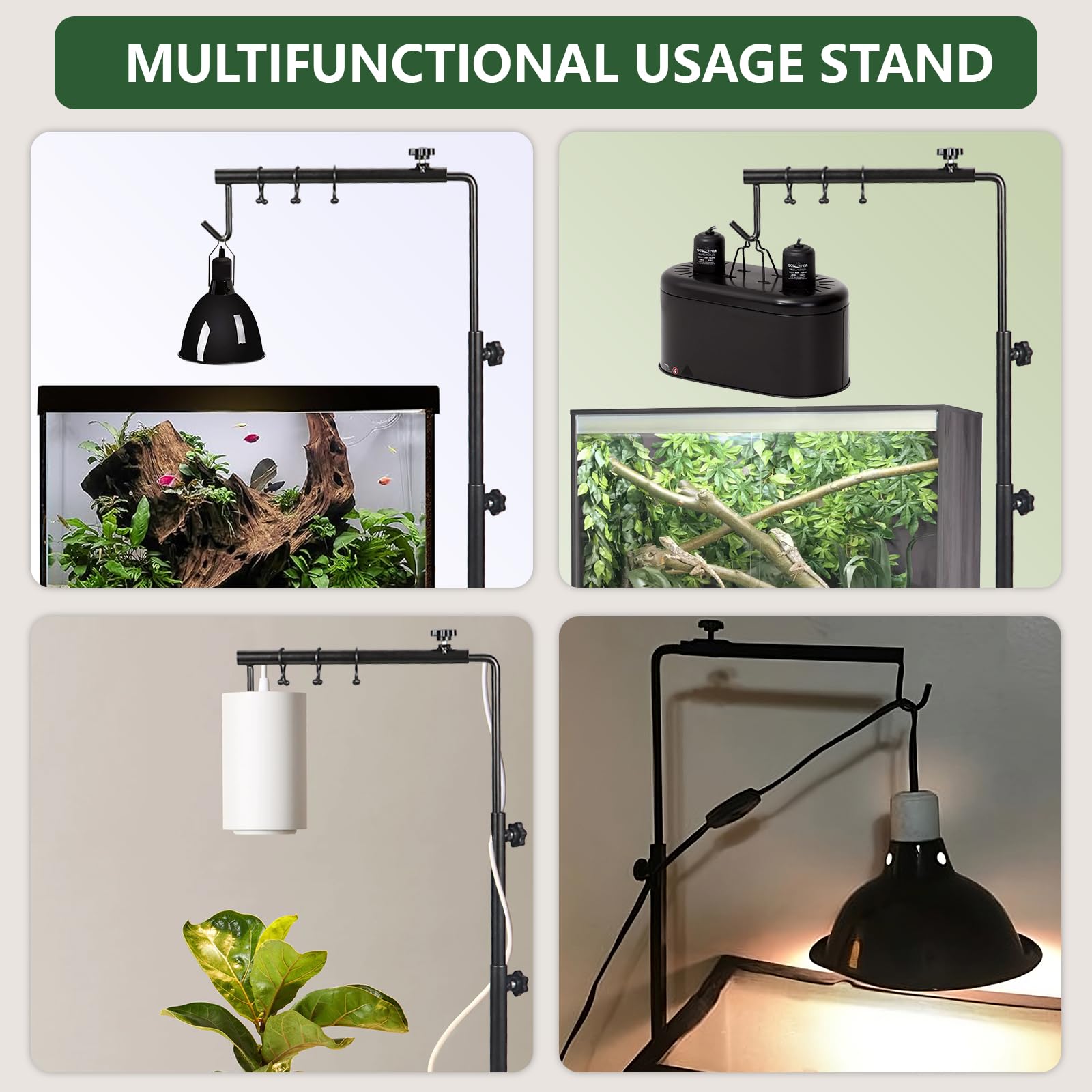 Adjustable Reptile Heat Lamp Stand Holder for Terrarium & Aquarium - Durable Light Fixture for Reptile Glass Enclosures - Perfect for Bearded Dragons, Turtles & Snakes Habitat Heating