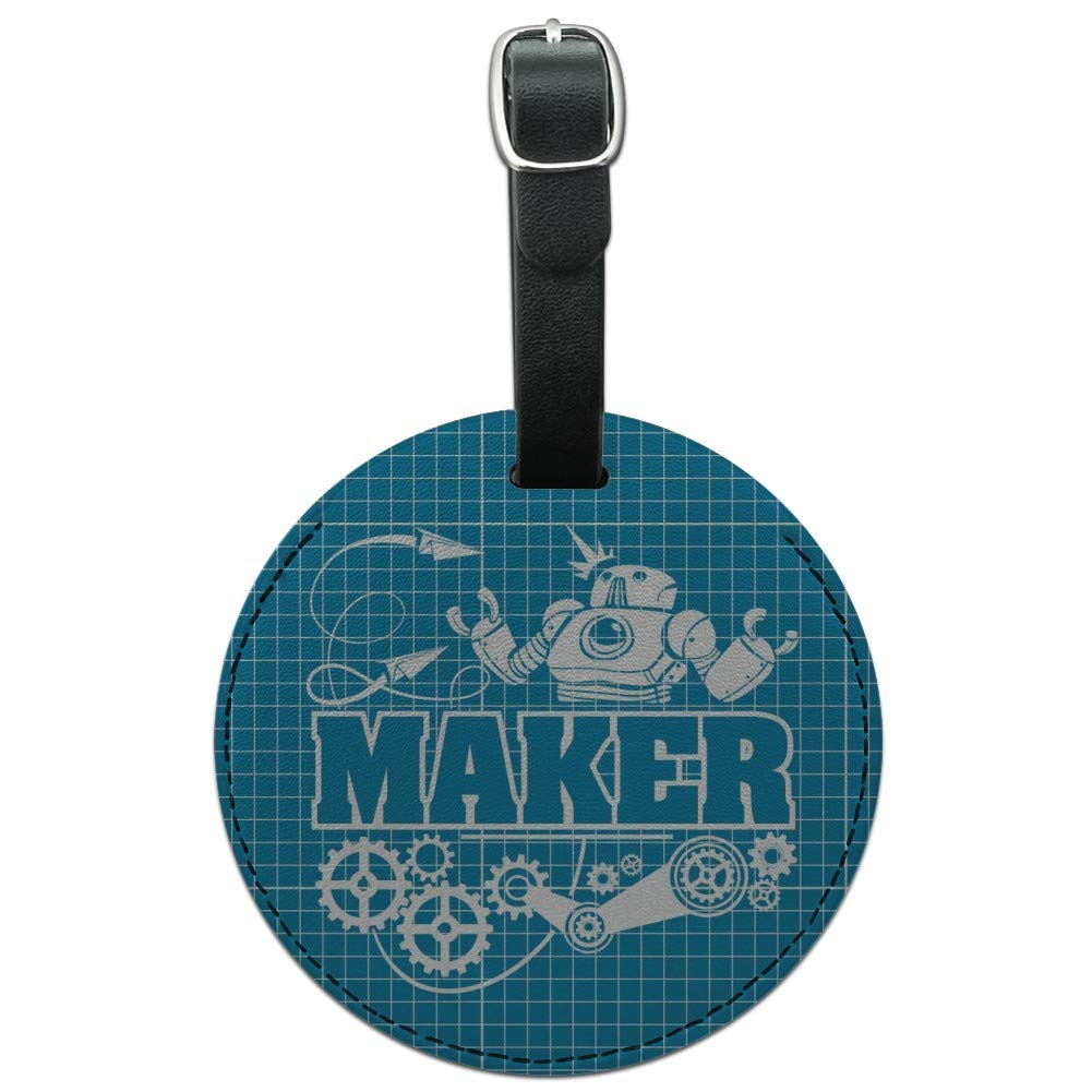 Robot Gears Round Leather Luggage Tag - Custom Blueprint Design ID Card Holder for Travel Bags | Perfect for Suitcases, Backpacks & Passport Identification