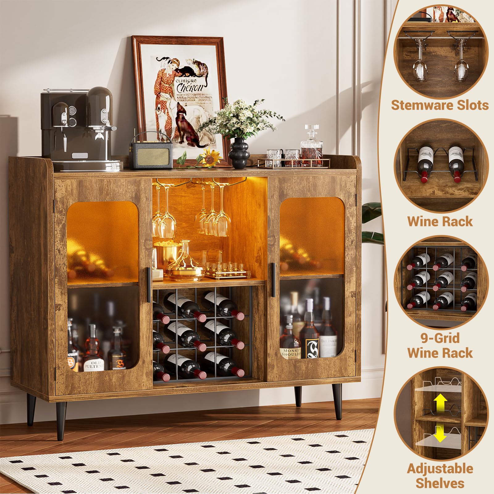 Rustic Brown Wine Bar Cabinet with Power Outlet & LED Lighting - Home Bar Cabinet with Glass Holder & Storage Shelf, Coffee Bar Sideboard for Kitchen, Dining Room - Perfect for Entertaining, Home Decor & Small Space Storage
