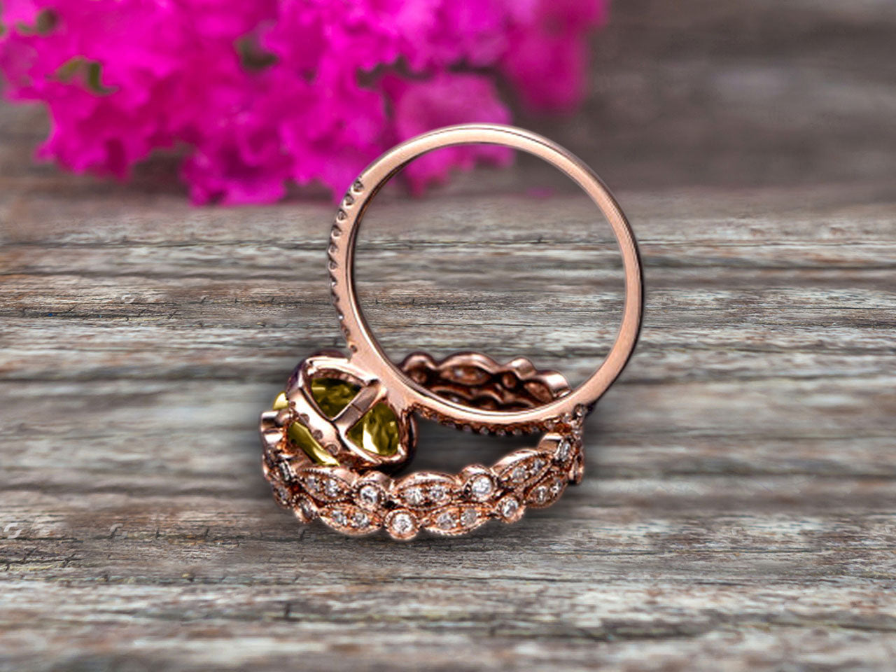 3Pcs 2 Carat Champagne Diamond Moissanite Trio Ring Set - 10k Rose Gold Engagement, Eternity & Promise Rings - Art Deco Milgrain Wedding Jewelry for Bridal Shower, Anniversary & Special Occasions