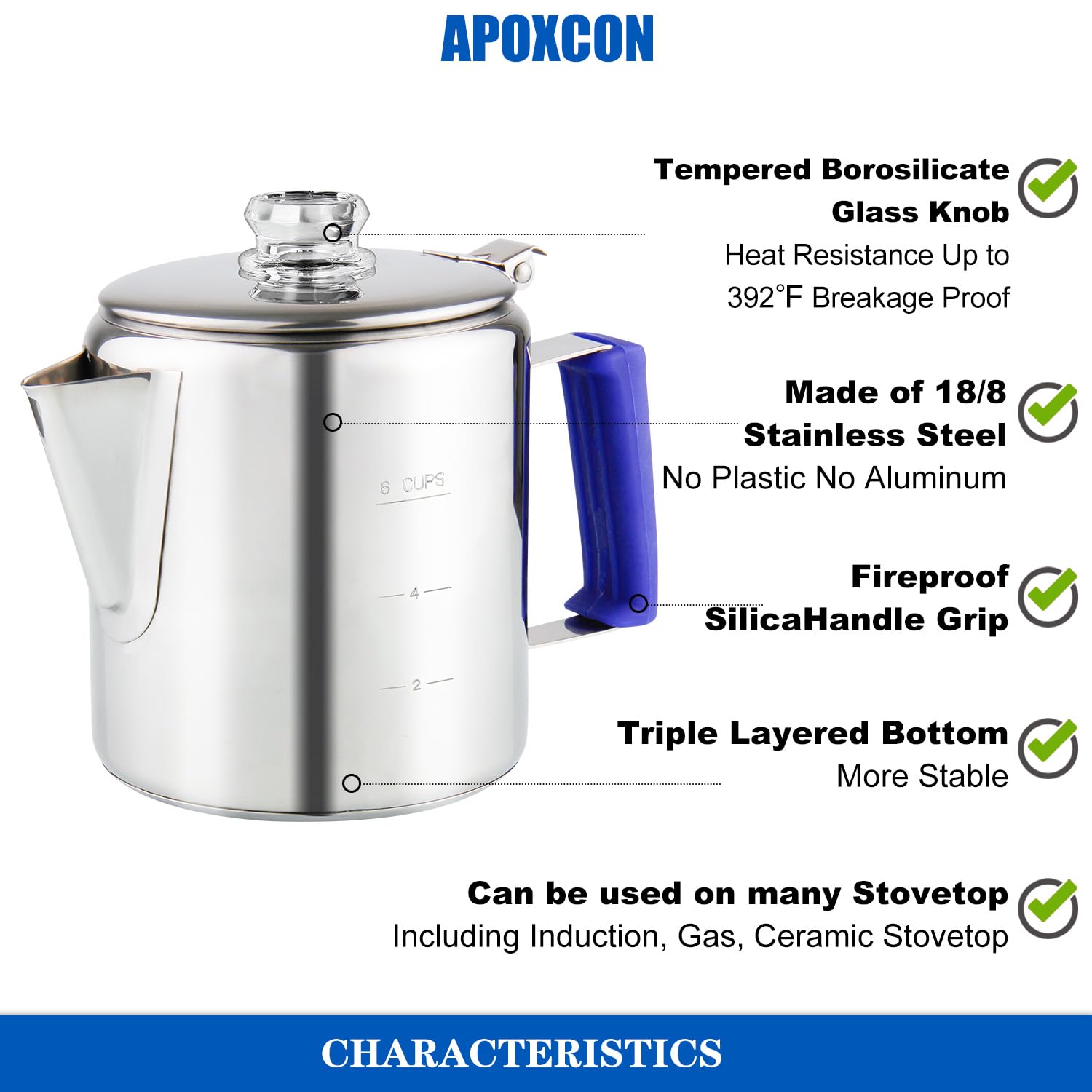 Premium Stainless Steel Percolator Coffee Pot - 6 Cup Stovetop Coffee Maker with Borosilicate Glass Knob & Heat-Resistant Handle for Camping, Home & Office Use - Compatible with Gas Stove, Campfire & Induction Cooktop - Durable & Versatile Coffee Brewing Solution