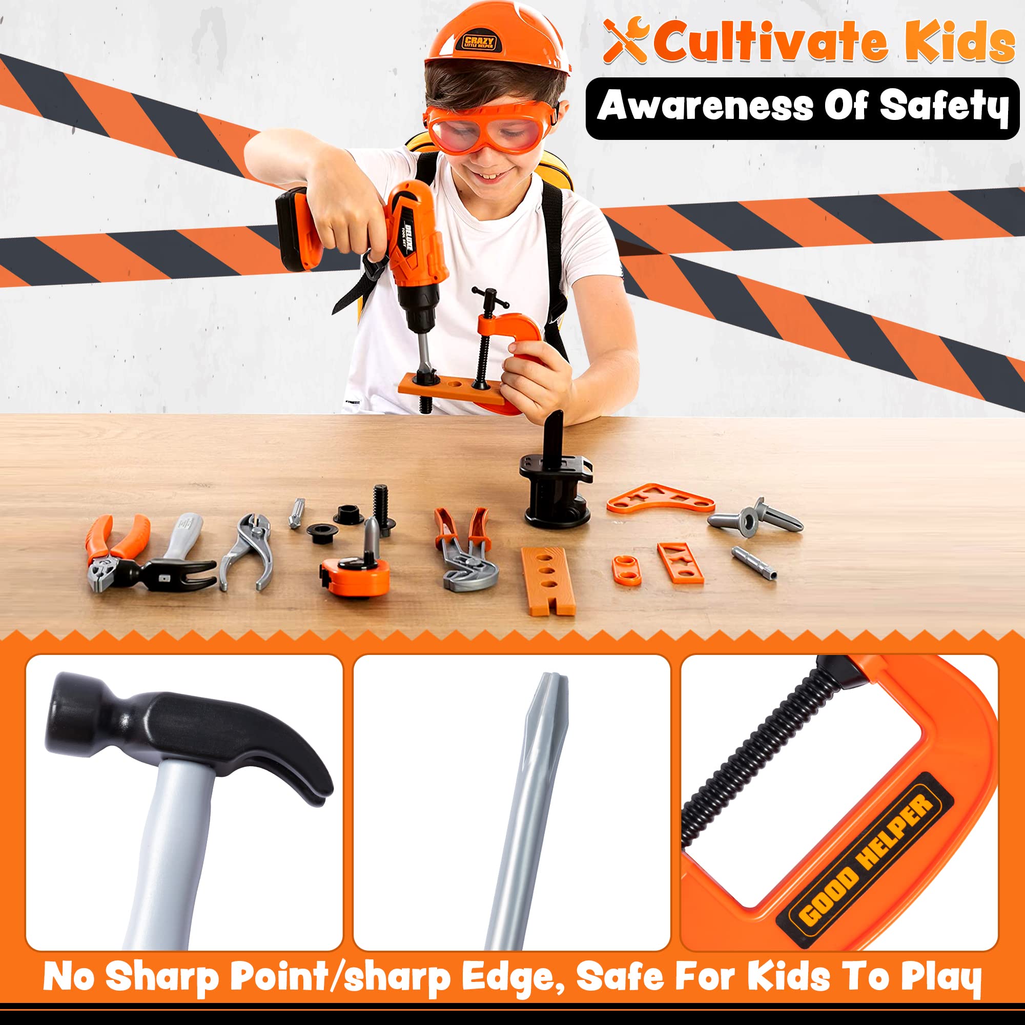 JOYIN 32PCS Kids Pretend Play Tool Set with Construction Backpack Costume & Electronic Toy Drill - STEM Learning Toys for Toddlers Boys & Girls - Perfect for Halloween Costumes, Birthday Gifts & Dress Up Parties