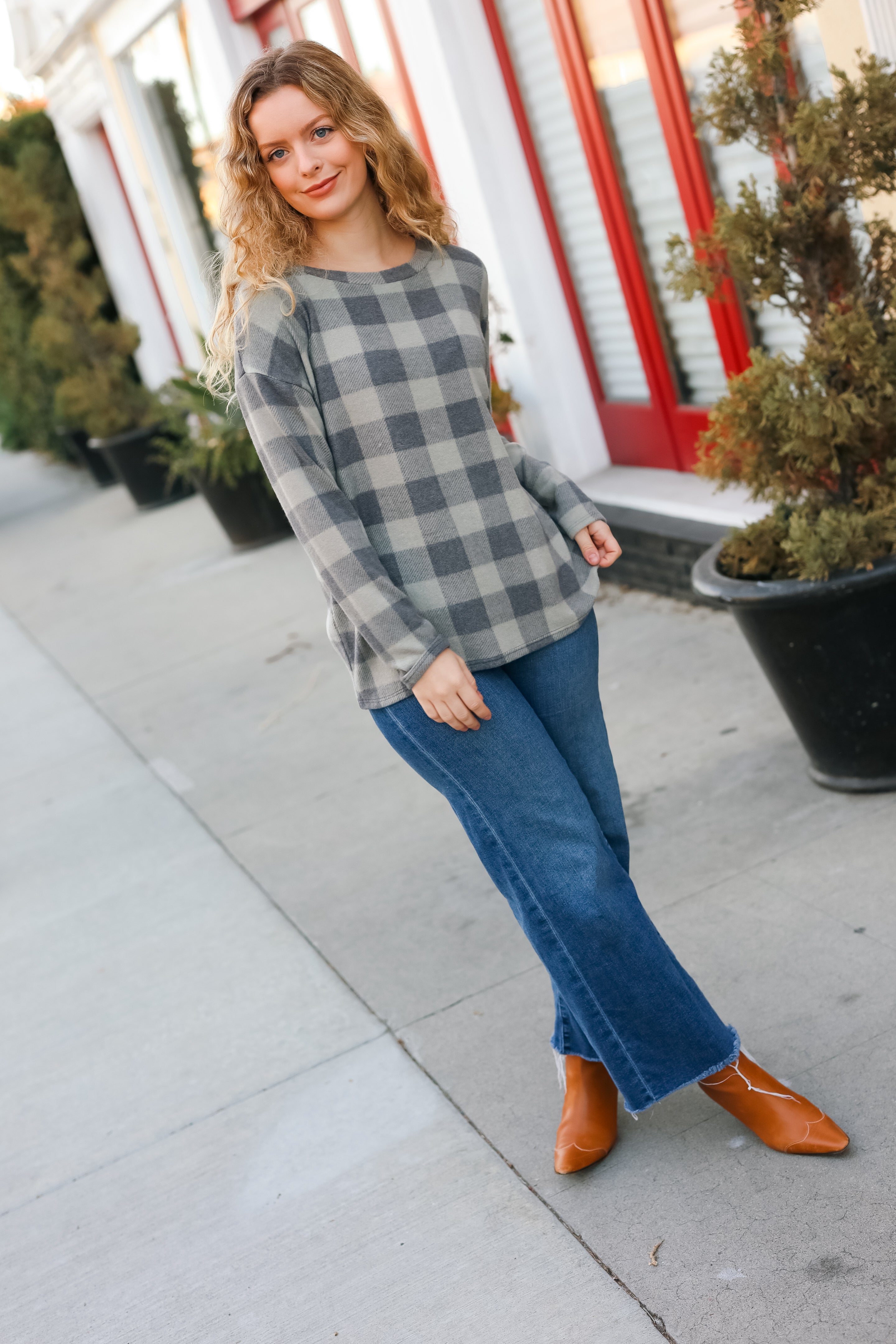 Olive Grey Checker Plaid Hacci Pullover Sweater - Cozy Knit Oversized Women's Top for Fall & Winter Fashion | Perfect for Casual Outfits, Layering, and Cold Weather Wear