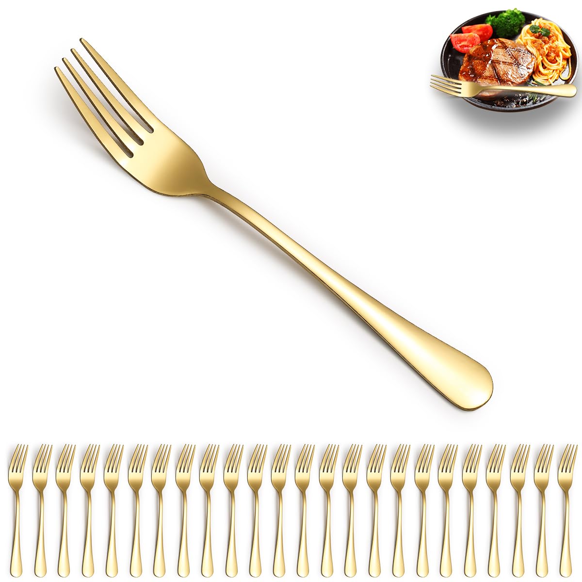 24-Piece Gold-Plated Stainless Steel Dinner Forks Set - Elegant Titanium Gold Flatware for Home, Restaurant, Wedding & Events - Perfect for Fine Dining, Parties & Daily Use