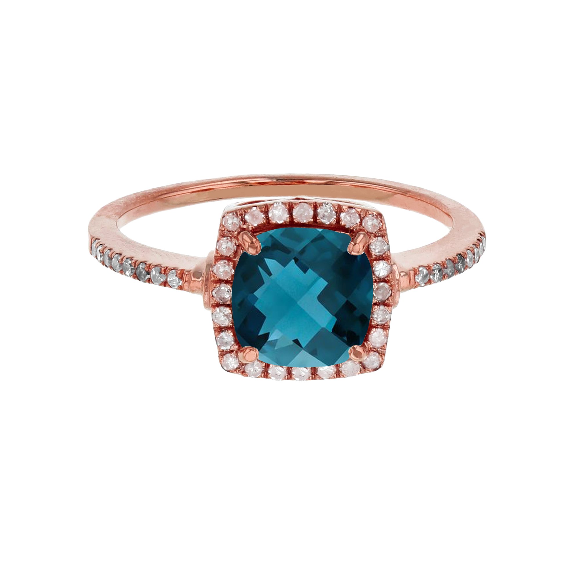 10K Rose Gold 7mm Cushion London Blue Topaz & 0.20 CTTW Diamond Halo Engagement Ring - Elegant Wedding Band, Anniversary Gift for Her, Perfect for Proposals & Special Occasions