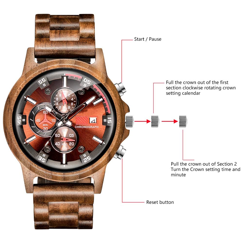 WASTIME Wooden Watch for Men & Women - Stylish Chronograph Military Casual Calendar Wooden Watch with Date Display | Perfect for Outdoor, Office & Everyday Wear