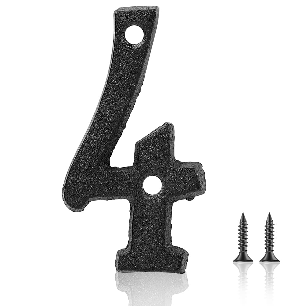Vintage 3 Inch Cast Iron House Numbers & Letters - Solid Metal Mailbox Address Plaque with Matching Screws (Number 4, Black) for Front Door, Gate & Home Exterior Decor
