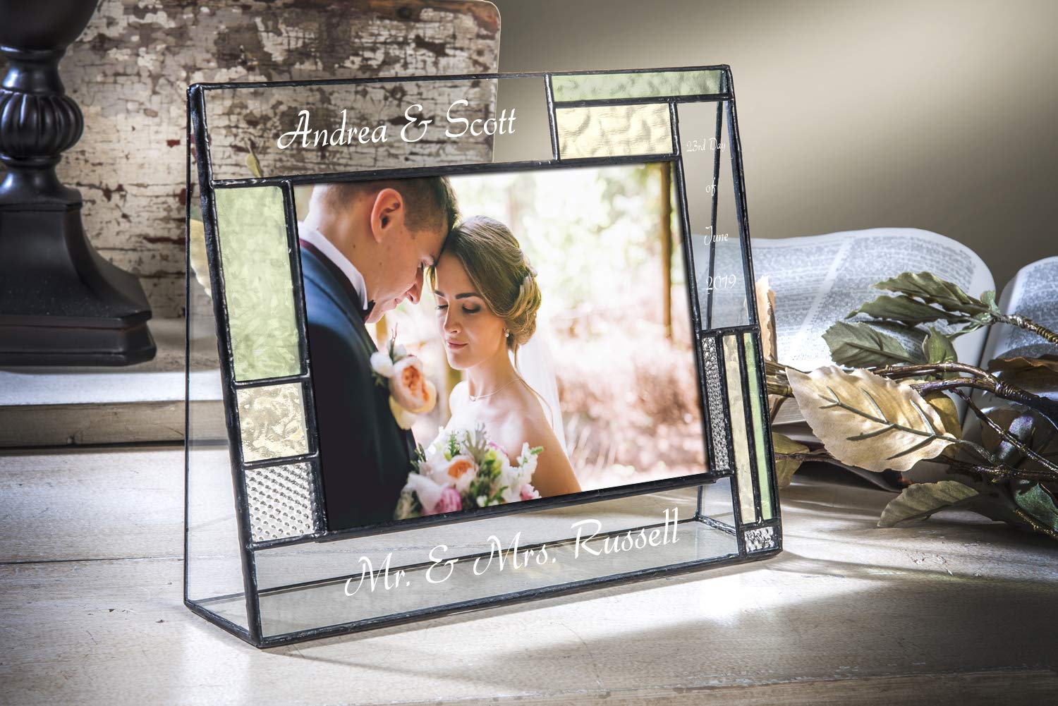 Personalized Wedding Picture Frame - Green Yellow Glass 5x7 Table Top Photo Keepsake for Couples | Engagement Gift & Home Decor