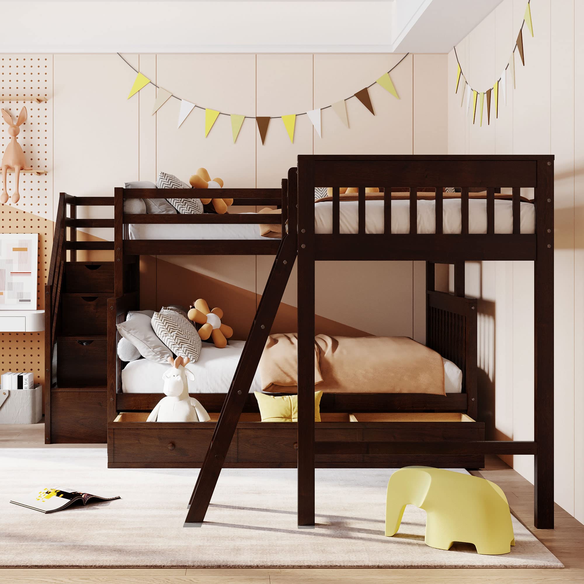 **Citylight Twin Over Full L-Shaped Triple Bunk Bed for Kids - Wooden Corner Bunk Bed with 3 Storage Drawers, Twin Loft Bed, Stairs & Ladder - Space-Saving Bunk Beds for Boys, Girls & Teens in Espresso - Perfect for Small Bedrooms, Shared Kids' Rooms & Vacation Homes**