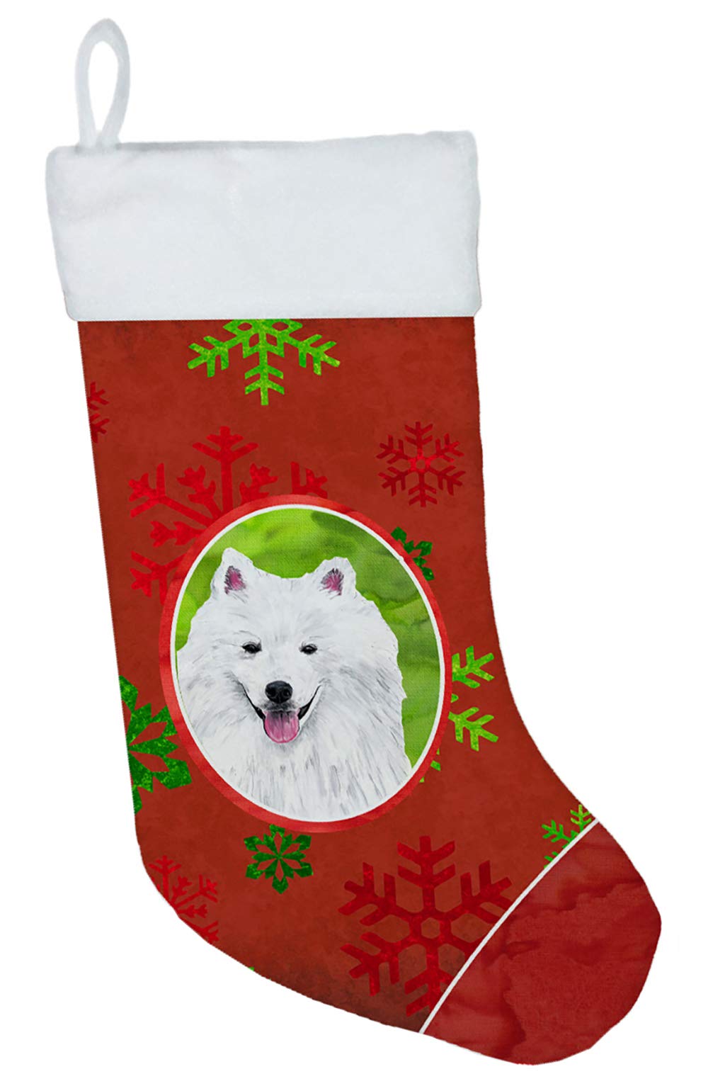 American Eskimo Dog Christmas Stocking - Red & Green Snowflakes Holiday Decor for Fireplace, Party & Family Celebrations | Perfect for Christmas Gifts, Home Decor & Festive Gatherings