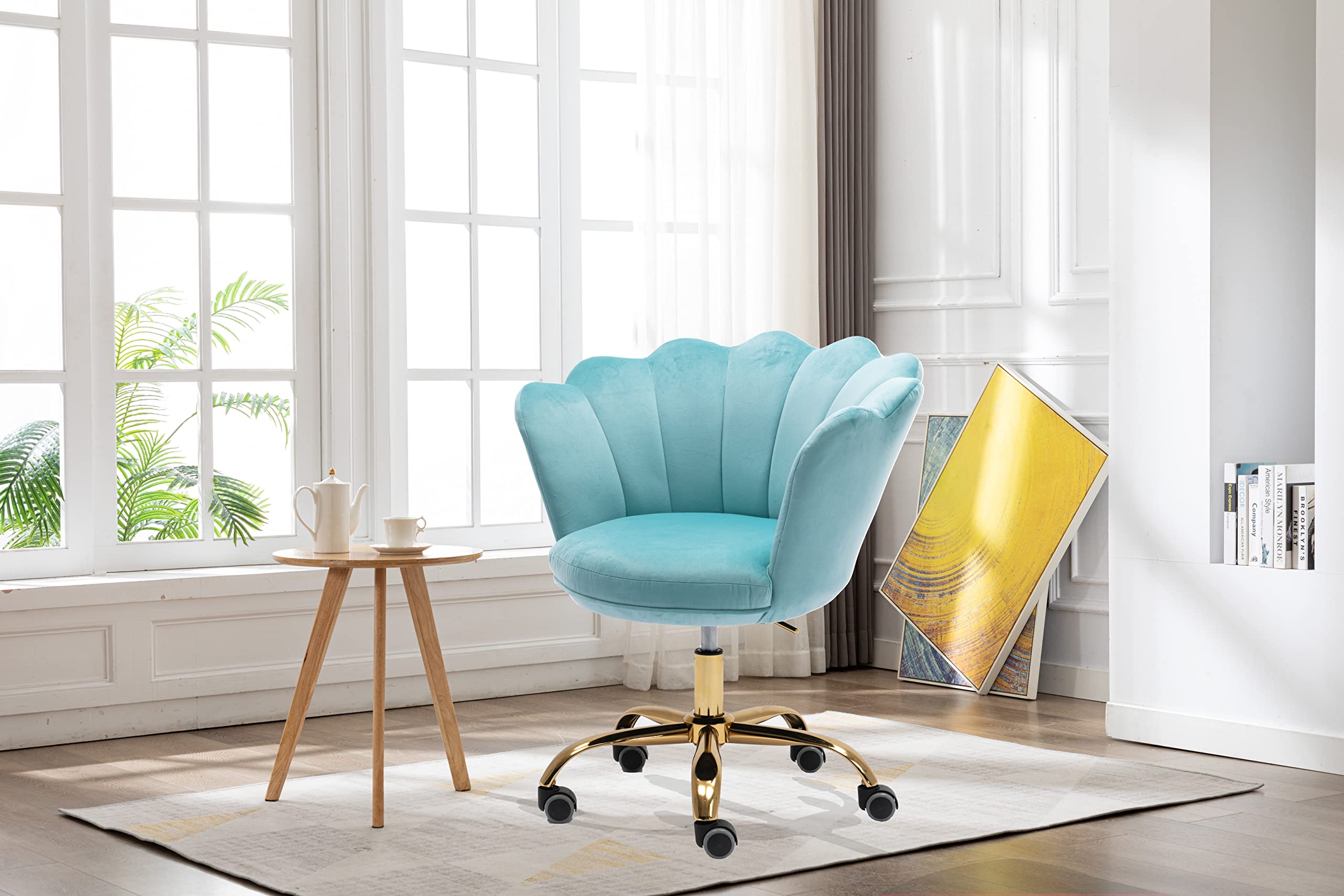Ergonomic Modern Home Office Chair - Adjustable Swivel Desk Chair with Wheels for Work, Study & Makeup - Velvet Upholstered Task Chair for Living Room & Bedroom (Light Blue) - Perfect for Remote Work, Gaming & Vanity Areas