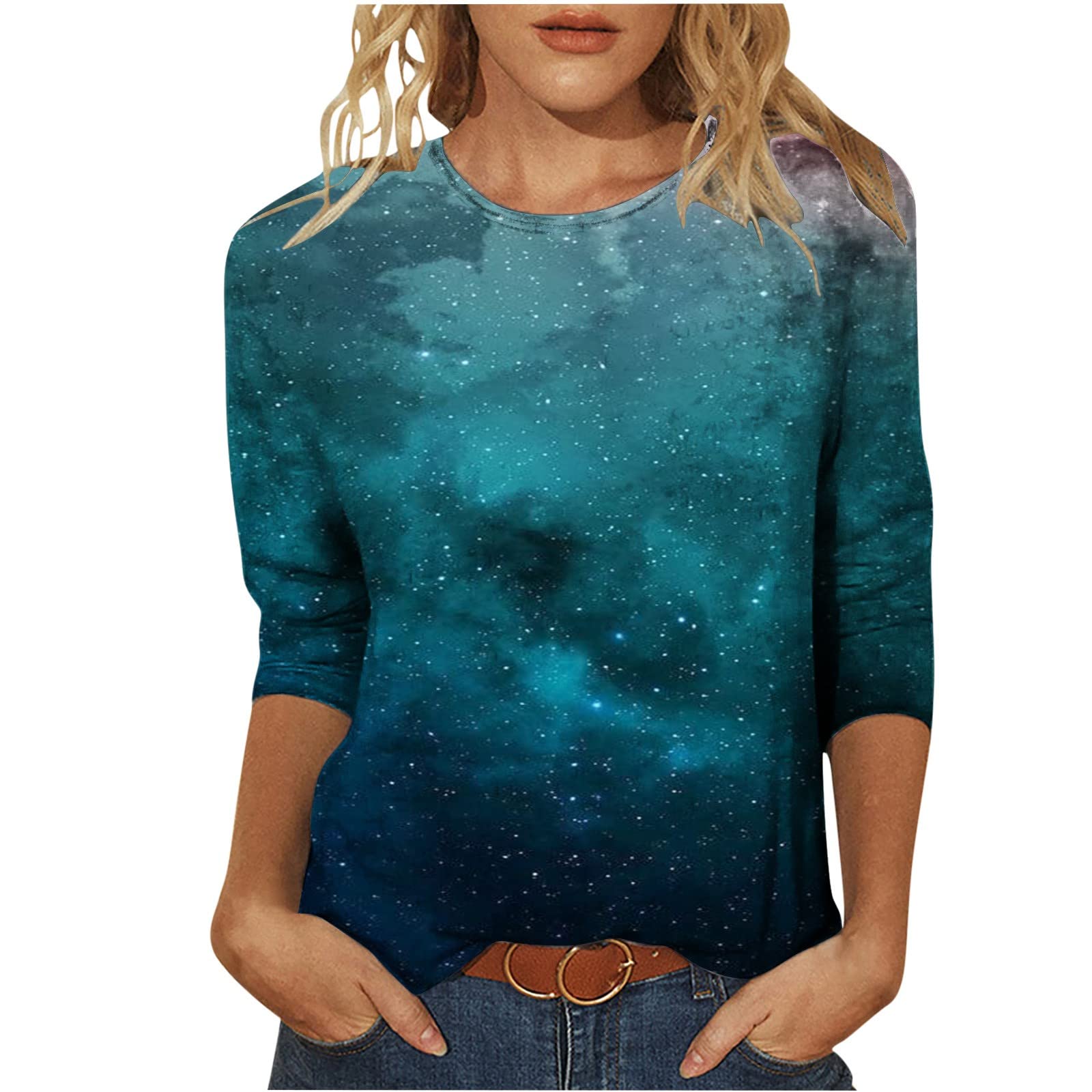MaMiDay Women's Floral Print 3/4 Sleeve T-Shirt - Casual Loose Fit Top for Work & Outings