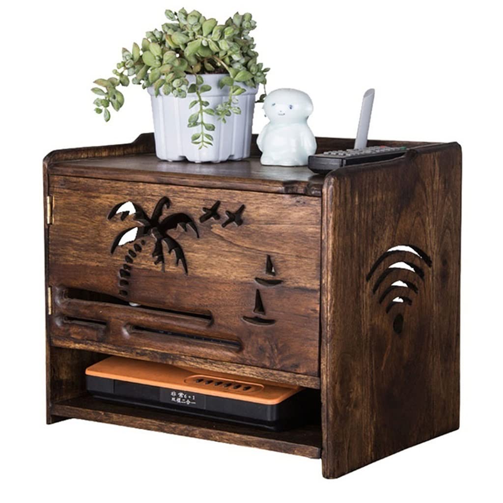 Solid Wood Router Storage Box with Cable Management - 32x22x27cm Organizer for Power Strips, Wires & Electronics - Perfect for Home Office & Entertainment Centers (Brown)