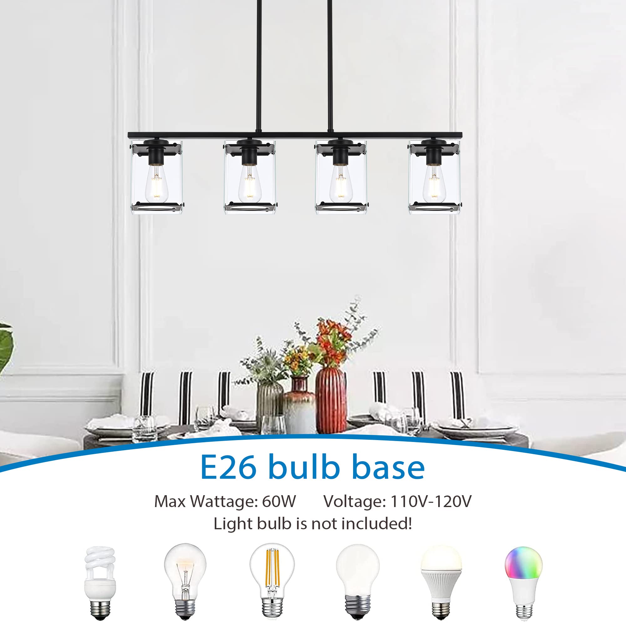 MELUCEE 4-Light Farmhouse Pendant Lighting - Matte Black Linear Chandelier with Clear Glass Shade for Kitchen Island, Dining Room, Foyer | Modern Rustic Home Decor Lighting Fixture