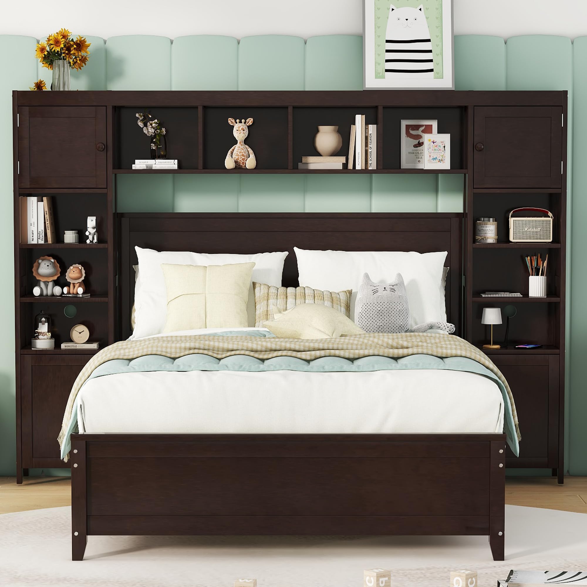 Full Size Wooden Platform Bed Frame with Storage Drawers, Cabinet & Shelves - All-in-One Panel Bed with Headboard & Slats Support (No Box Spring Needed) - Espresso Finish - Perfect for Small Bedrooms, Guest Rooms & Space-Saving Solutions