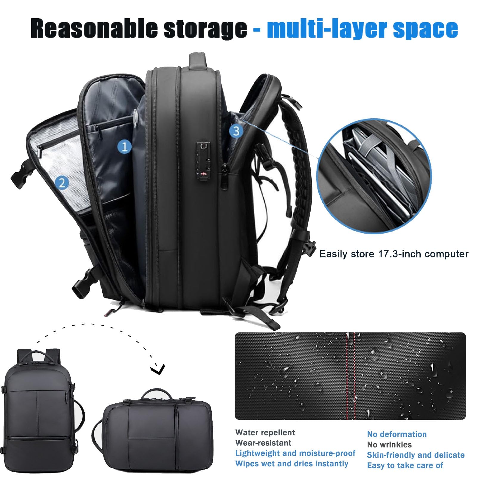 Vacuum Compression Travel Backpack 55L - Large Capacity Carry-On Backpack with Anti-Theft Design for Airplane Travel, Hiking & Outdoor Adventures