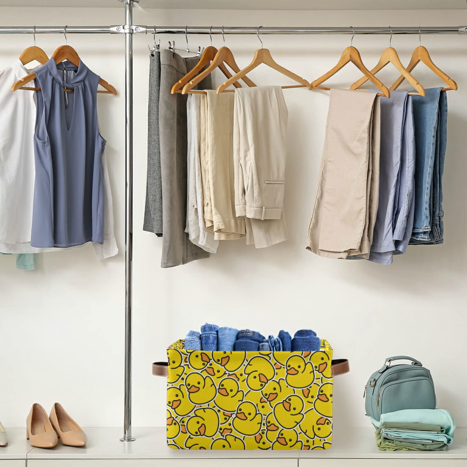 Collapsible Yellow Duck Storage Basket with PU Handles - Large Organizer Bin for Shelf, Closet, Nursery & Laundry Room | Perfect for Kids' Toy Storage & Home Organization (1-Pack)