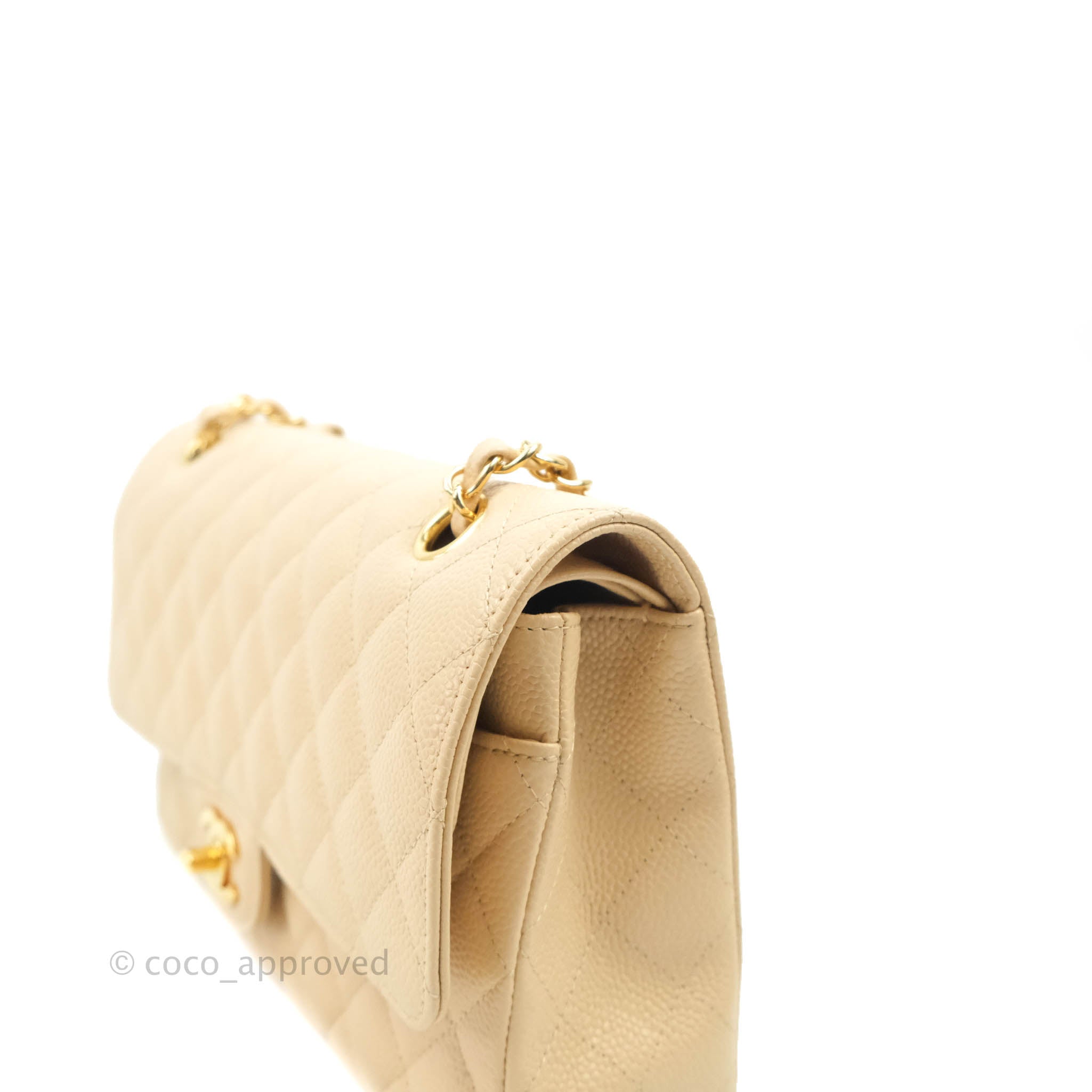 Chanel Classic Medium Double Flap Bag Quilted Beige Caviar Leather with Gold Hardware - Luxury Designer Handbag for Women, Perfect for Work, Date Night & Special Occasions