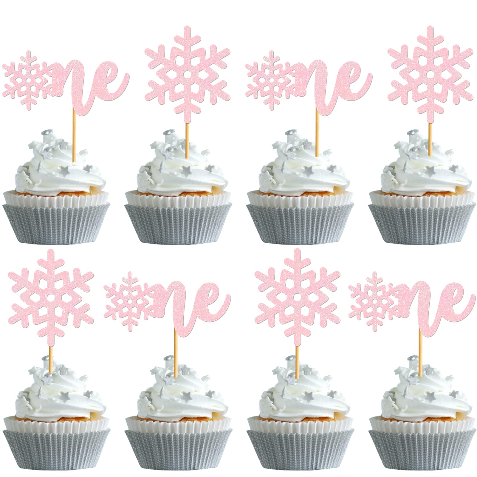 24 Pcs Glitter Pink Snowflake Cupcake Toppers for 1st Birthday Party Decorations - Perfect for Onederland Theme, Baby Girl's First Birthday Cake Decor, Christmas & Winter Celebrations