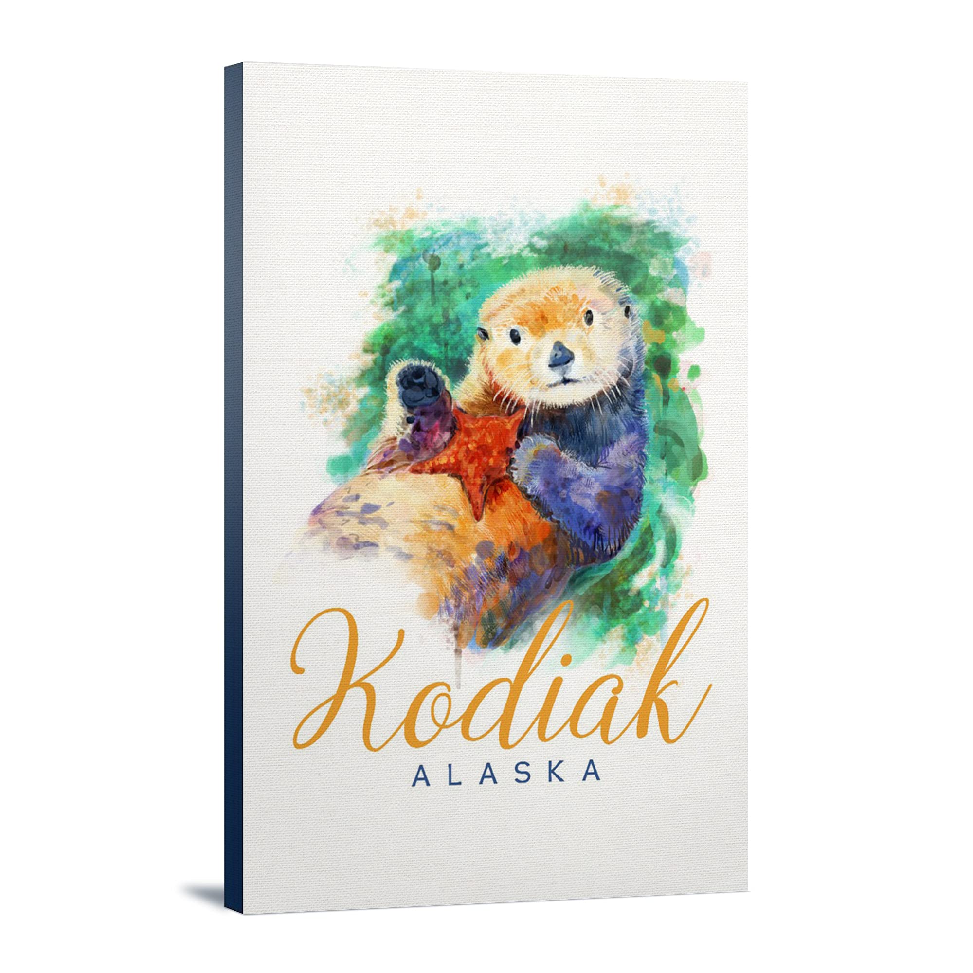 Kodiak Alaska Sea Otter Watercolor Painting - 24x36 Inch Gallery Wrapped Canvas Wall Art for Living Room, Bedroom & Office Decor