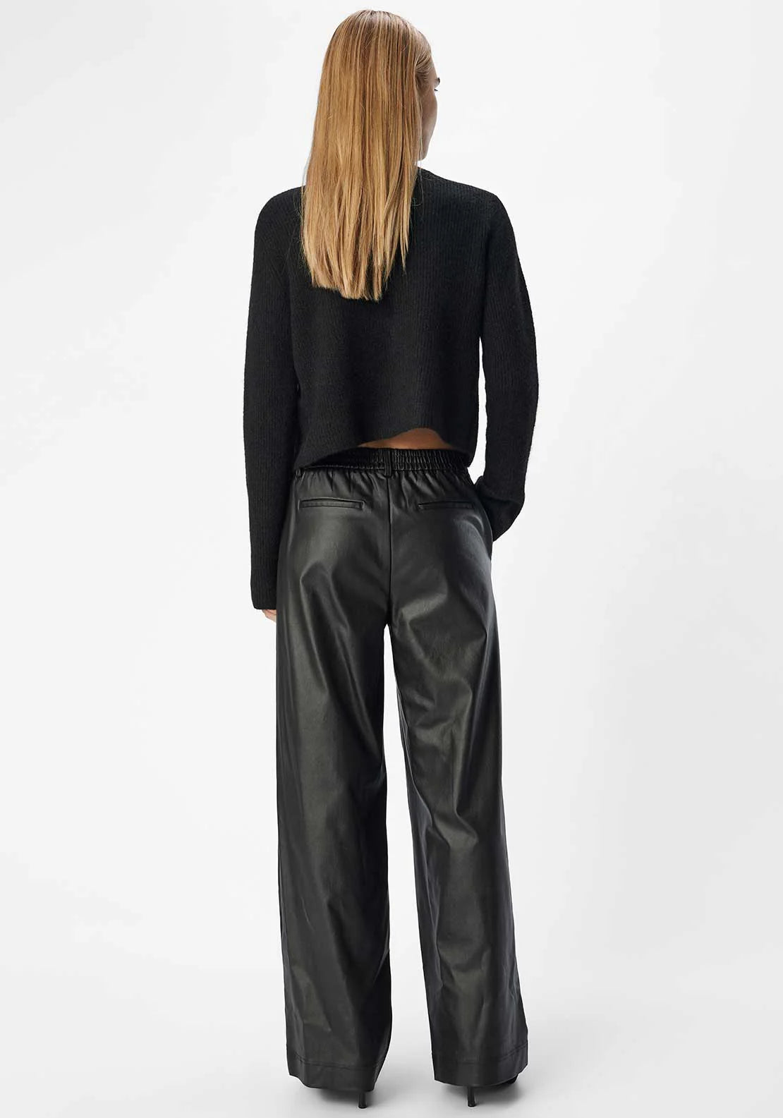 Mel Coated Wide Leg Pants for Women - High Waist Stretch Comfortable Trousers (Black) | Perfect for Office, Casual Wear & Night Out