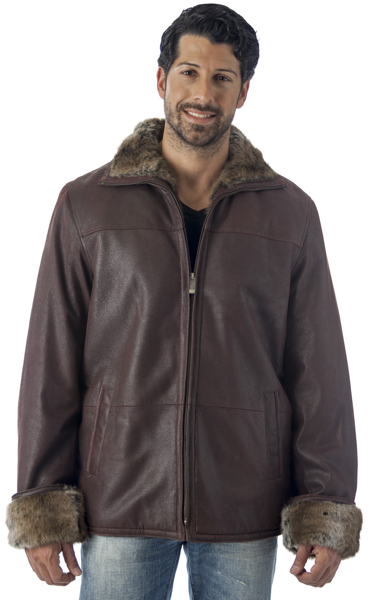 REED Men's Zip-Up Collar Sheepskin Leather Shearling Coat Jacket - Winter Warm Outerwear for Casual & Outdoor Activities