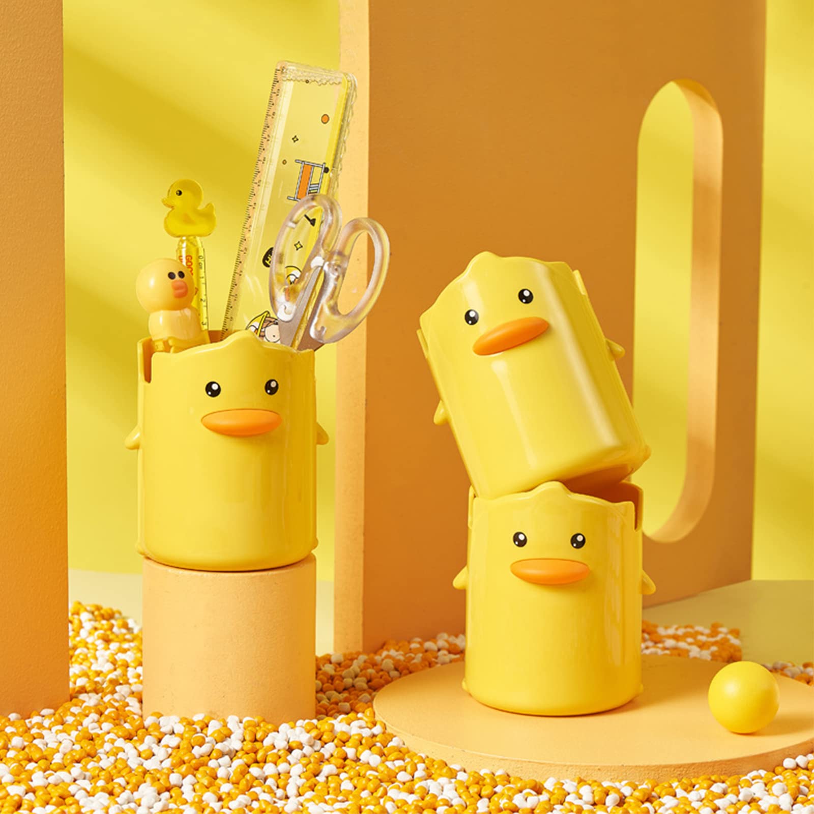 YISTOS Cute Yellow Duck Pencil Holder for Desk - Stylish Pen Organizer & Makeup Brush Holder - Perfect for Office, School, and Home Workspace Organization